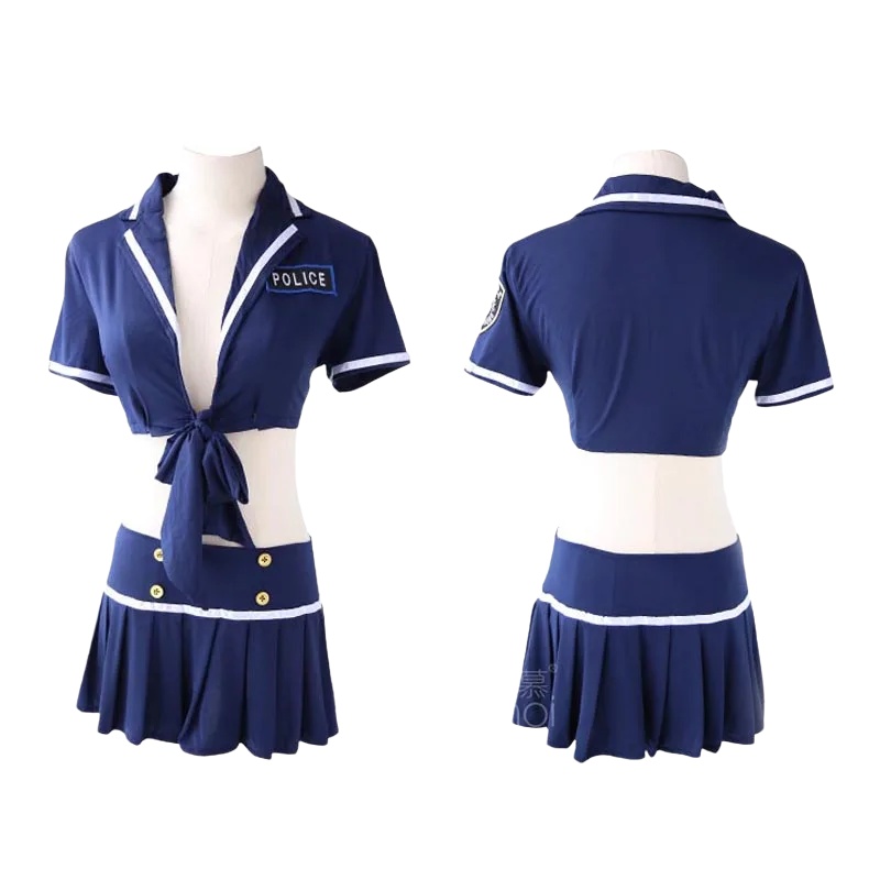 Garter Belt Set - ชุดยูนิฟอร์มตำรวจเซ็กซี่สไตล์กะลาสีสำหรับผู้หญิง เสื้อเปิดอกผูกโบว์ กระโปรงสั้น ชุดคอสเพลย์แฟนซีสำหรับงานปาร์ตี้